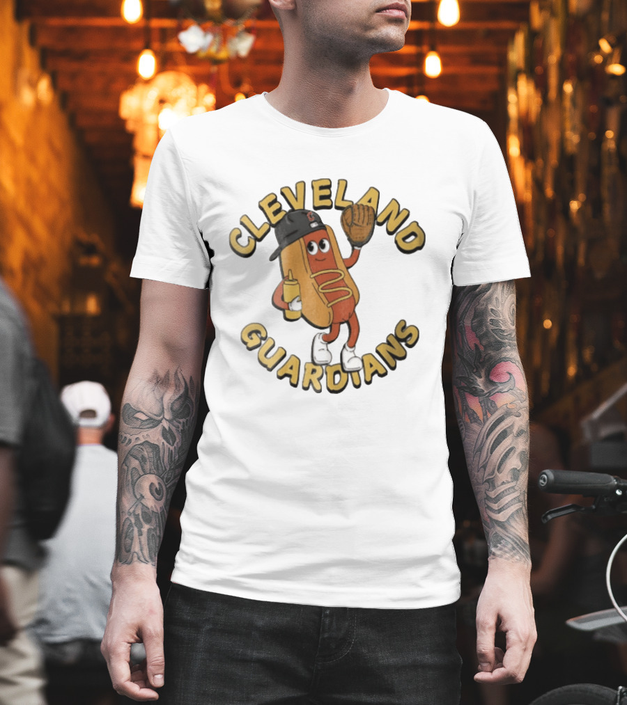 Cleveland Guardians Hot Dog Baseball Mascot Mustard Glove T-Shirt