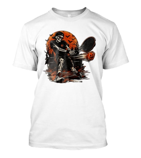 Halloween Skeleton Tennis Player With Pumpkin Ball And Full Moon T-Shirt