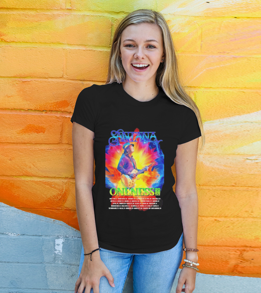 Santana Oneness 2026 Tour Carlos Santana Fire And Ice Tinley Park IL To Santa Barbara CA T-Shirt