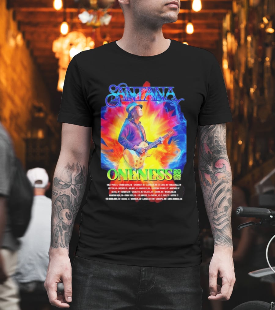 Santana Oneness 2026 Tour Carlos Santana Fire And Ice Tinley Park IL To Santa Barbara CA T-Shirt