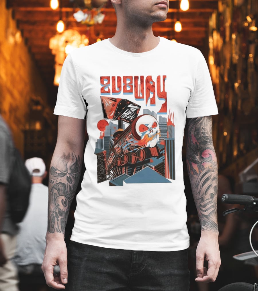 Subway Goes To Hell Skull Train Surreal Cityscape T-Shirt