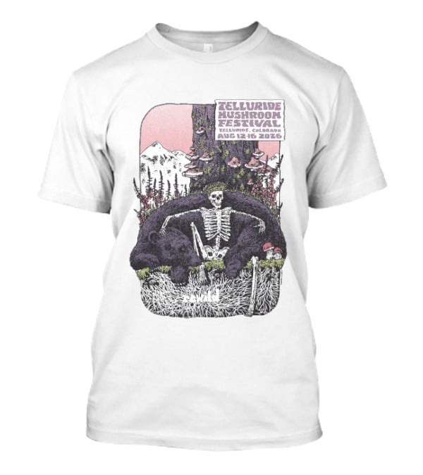 Telluride Mushroom Festival August 12 16 2026 Colorado Skeleton Bear Mountain Scene T-Shirt
