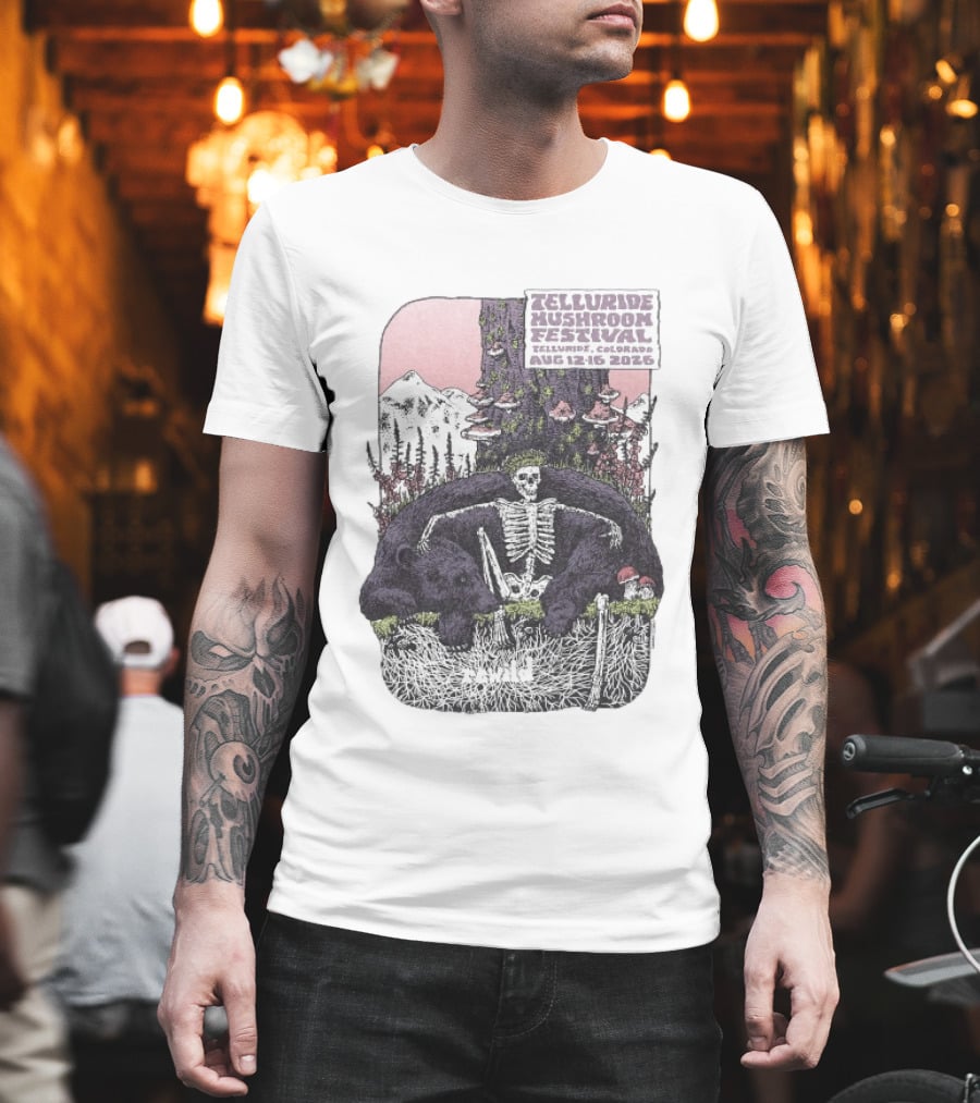 Telluride Mushroom Festival August 12 16 2026 Colorado Skeleton Bear Mountain Scene T-Shirt