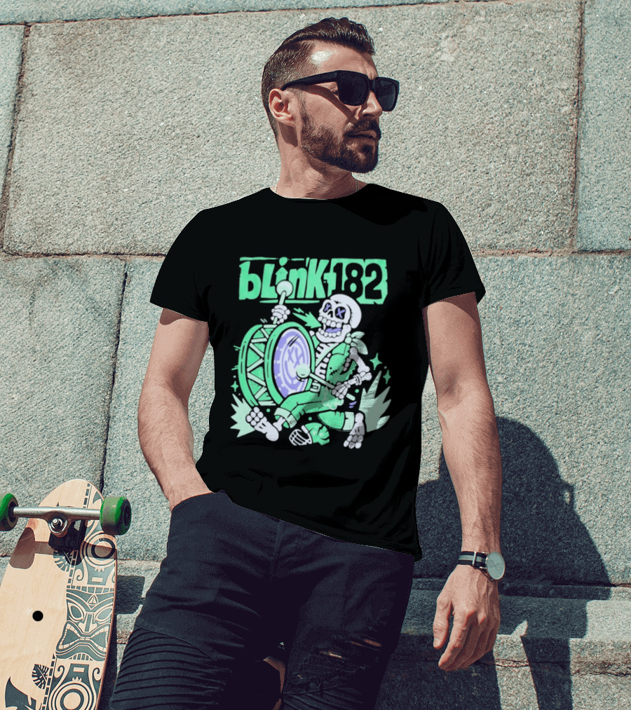 Blink 182 Skeleton Drum Art With Playful Percussion T-Shirt