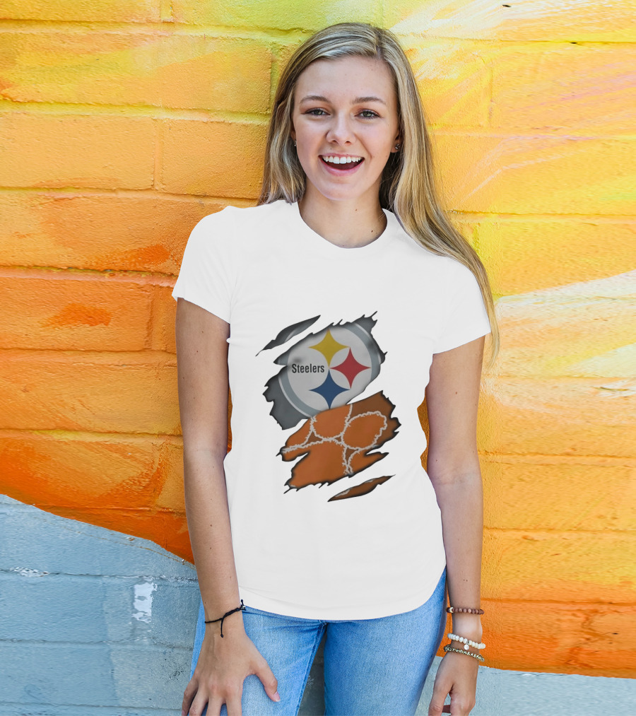 Pittsburgh Steelers Clemson Tigers Ripped Skin Fan Gear T-Shirt