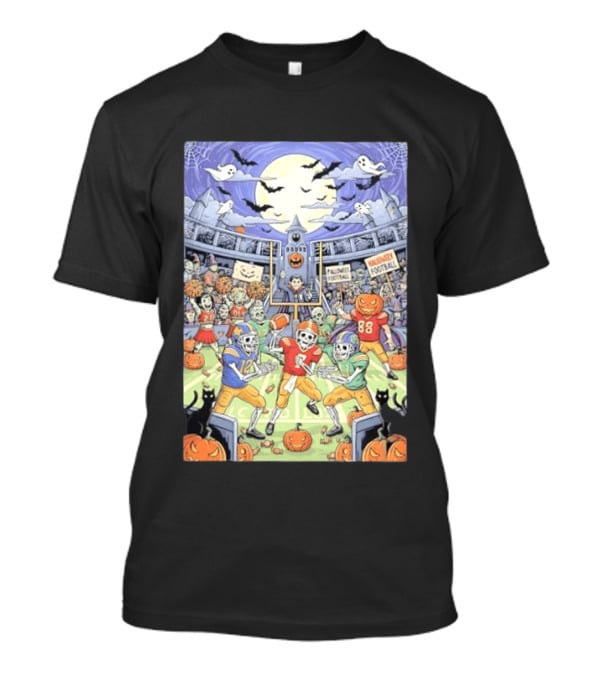 American Football Skeleton Players Halloween Spooky Stadium Night Pumpkins Ghosts Bats T-Shirt