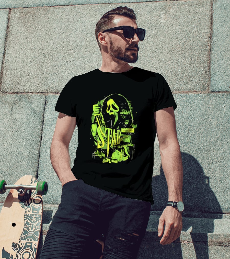 Ghostface Stab O Vision Horror Movie Mask Knife Graphic Neon T-Shirt