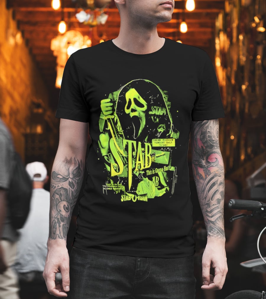 Ghostface Stab O Vision Horror Movie Mask Knife Graphic Neon T-Shirt