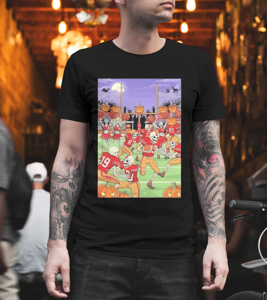 San Francisco 49ers Skeleton Football Halloween Pumpkin Cheerleaders Moon Cats T-Shirt