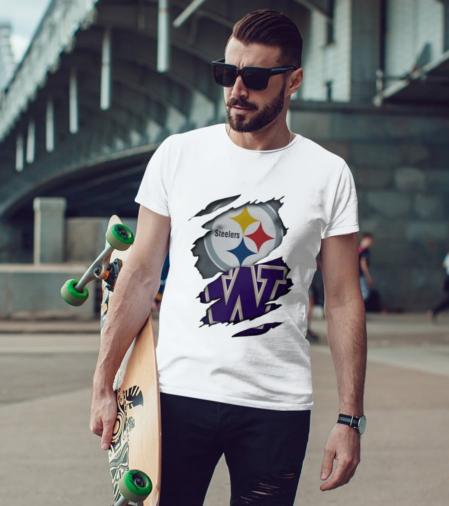 Pittsburgh Steelers Washington Huskies Ripped Logo Collaboration T-Shirt