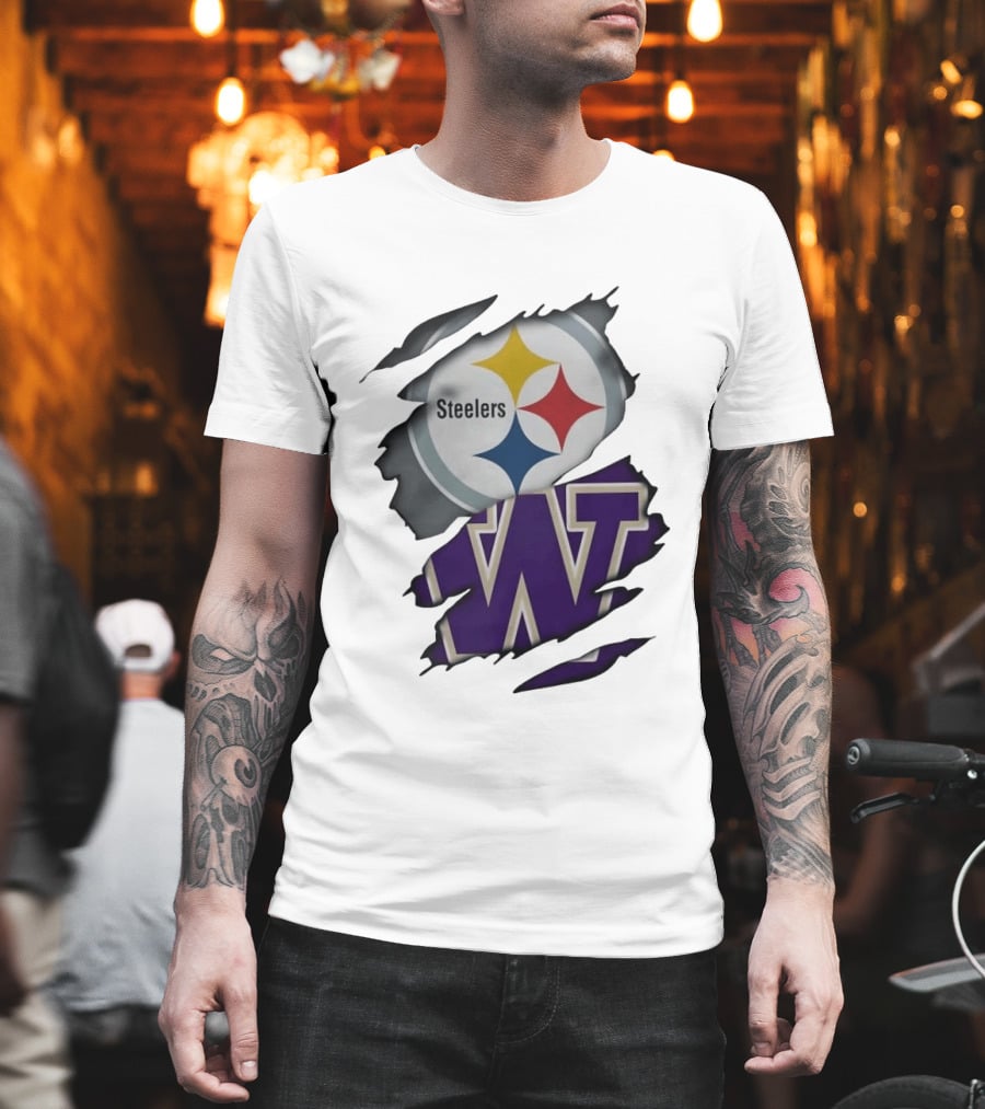Pittsburgh Steelers Washington Huskies Ripped Logo Collaboration T-Shirt