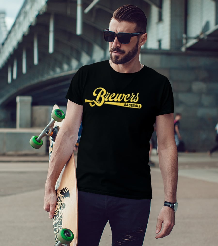 Milwaukee Brewers Yellow Script Baseball Bat Brewers T-Shirt