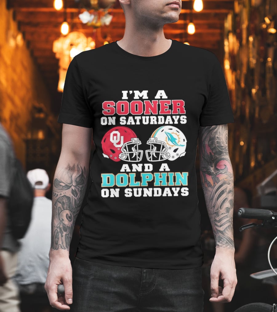 I'm A Sooner On Saturdays And A Dolphin On Sundays Football Helmets OU Miami T-Shirt