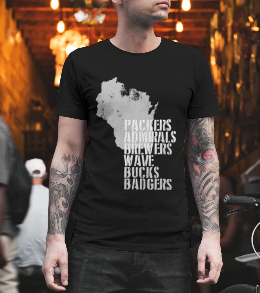 Packers Admirals Brewers Wave Bucks Badgers Wisconsin State Map Stencil T-Shirt