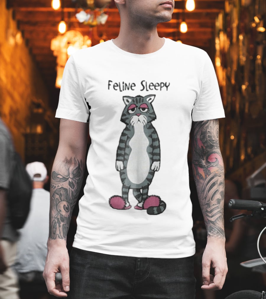 Feline Sleepy Grey Tabby Cat With Pink Slippers T-Shirt
