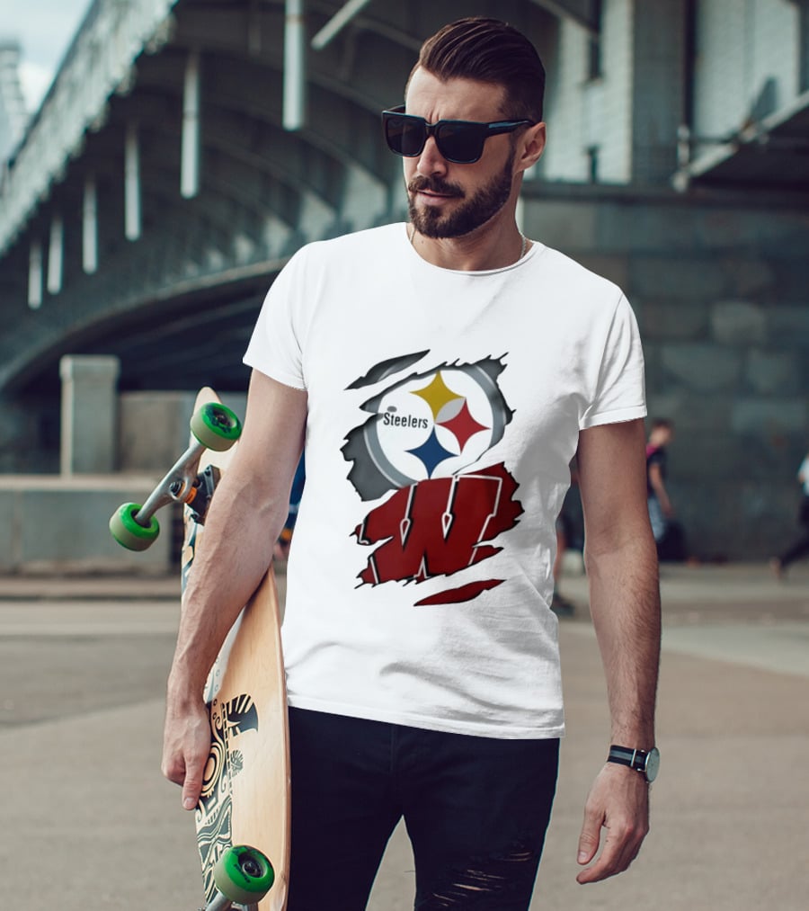 Pittsburgh Steelers Wisconsin Badgers Ripped Fabric T-Shirt