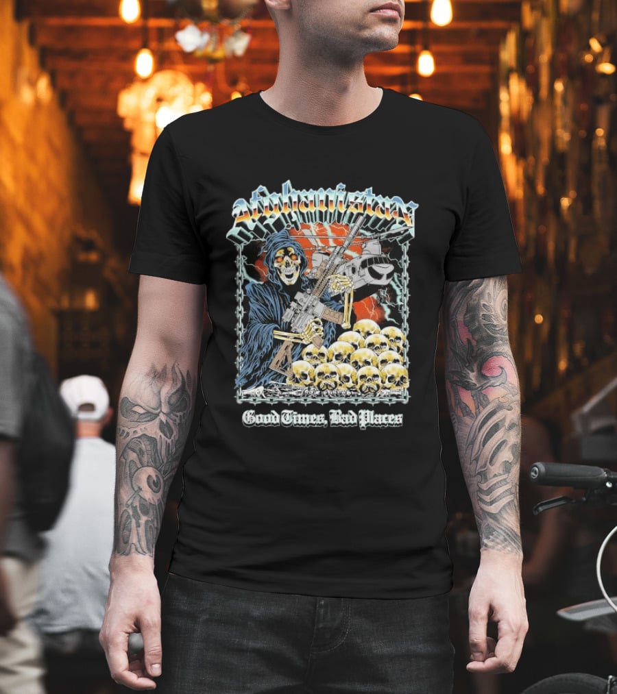 Afghanistan Chrome Skull With Helicopter Good Times Bad Places T-Shirt