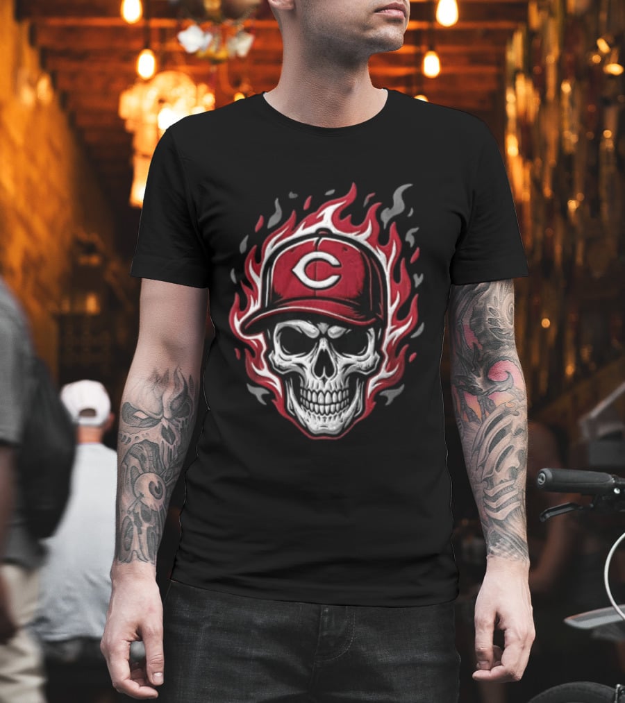 Cincinnati Reds Skull In Baseball Cap With Flames T-Shirt