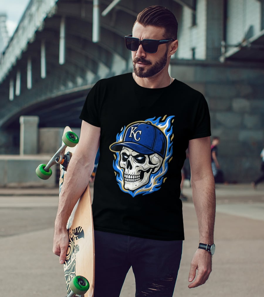 Kansas City Royals Skull Baseball Cap Flame T-Shirt