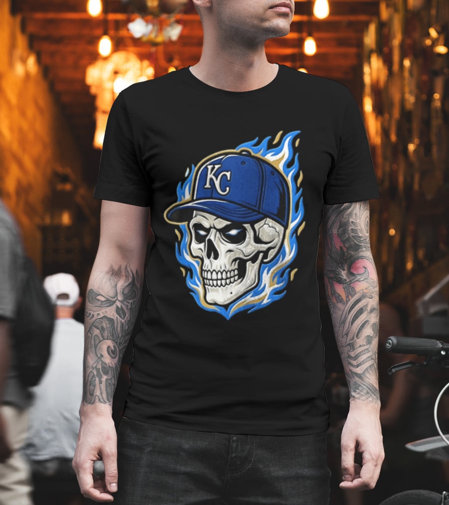 Kansas City Royals Skull Baseball Cap Flame T-Shirt