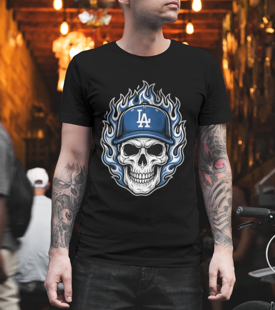 Los Angeles Dodgers Skull Cap Flames T-Shirt