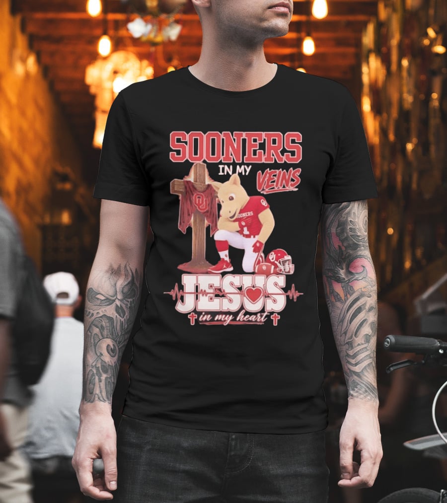 Oklahoma Sooners In My Veins Jesus In My Heart Football Mascot And Cross T-Shirt