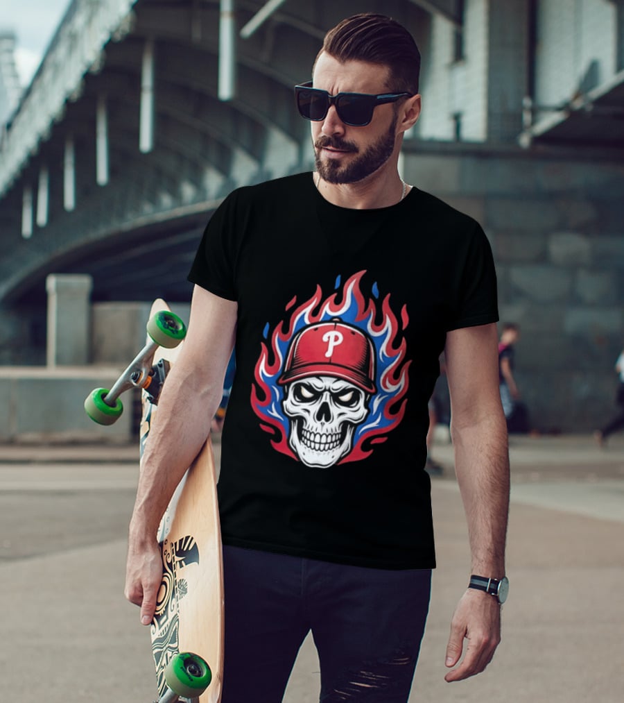 Philadelphia Phillies Skull Baseball Cap Flames T-Shirt