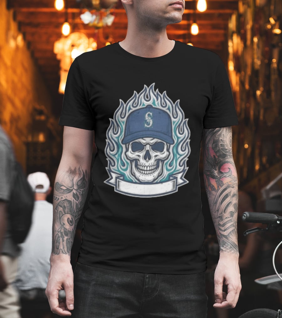 Seattle Mariners Skull Cap Flames Skeleton Angel Cross Wreath T-Shirt