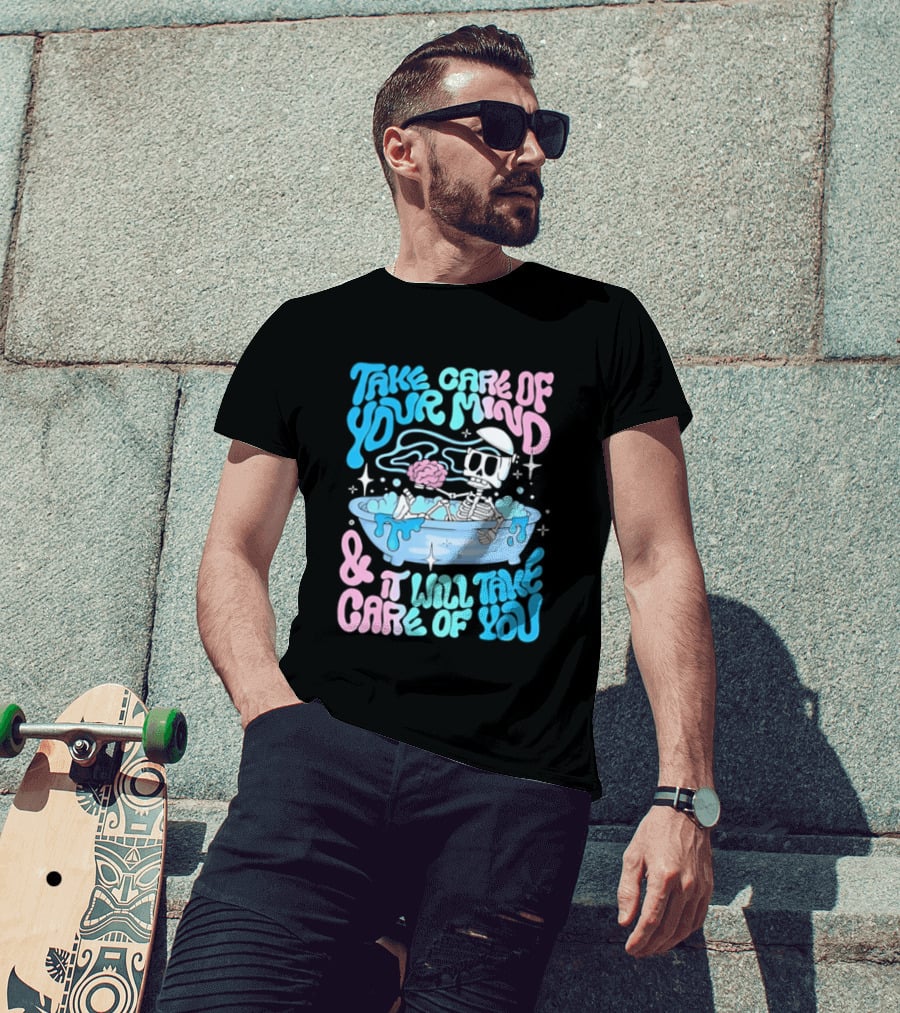 Skeleton Take Care Of Your Mind Neon Pastel Aesthetic T-Shirt