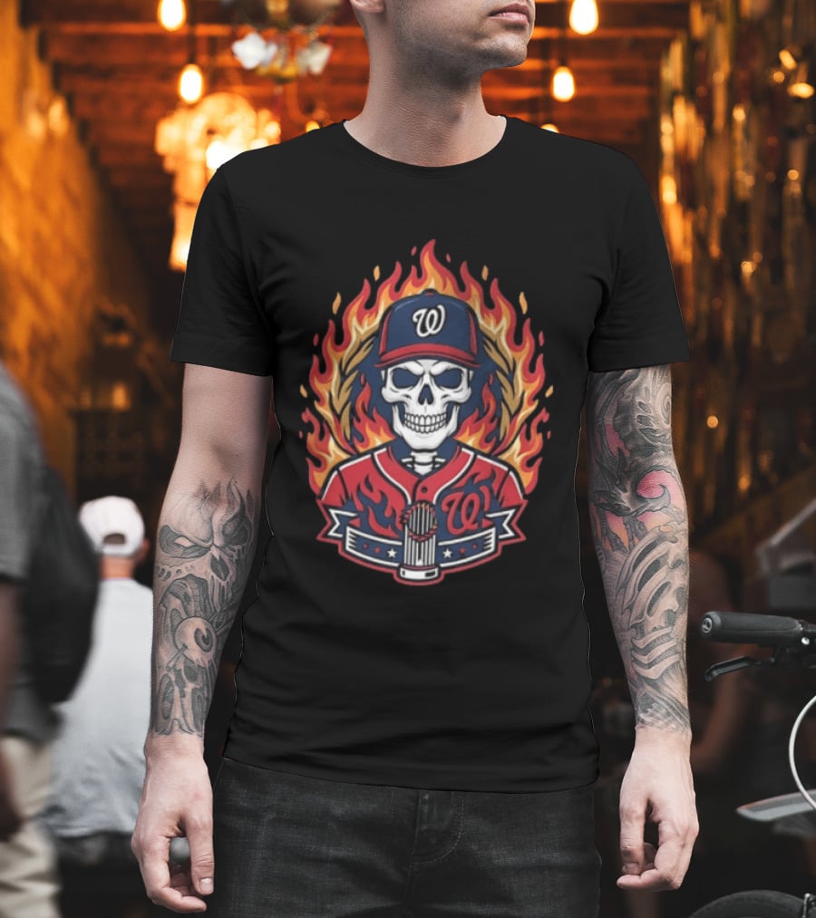 Washington Nationals Skull Baseball Cap Flames Cross Hands Thorns T-Shirt