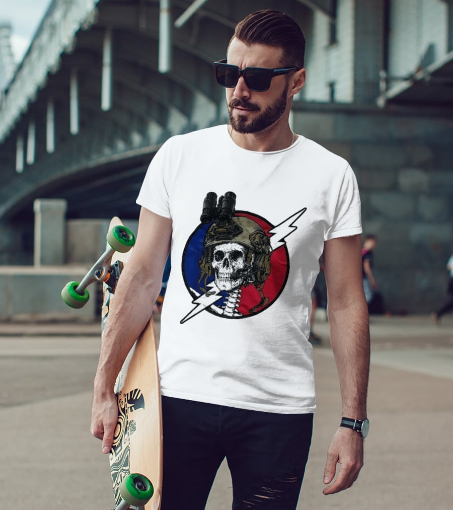 Grateful Dead Carry The Fire Skull With Helmet Lightning Bolt Blue Red Circle T-Shirt