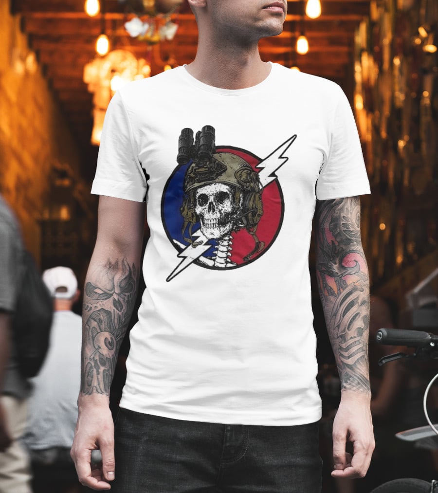 Grateful Dead Carry The Fire Skull With Helmet Lightning Bolt Blue Red Circle T-Shirt