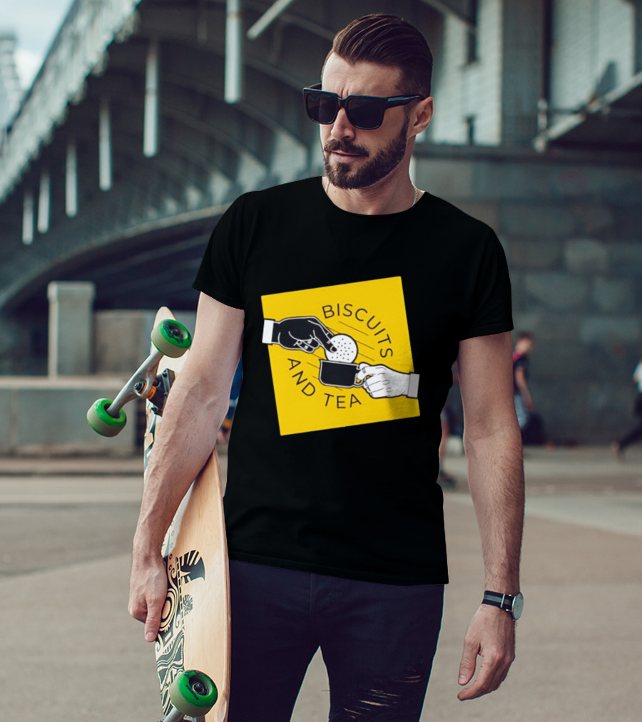 Biscuits And Tea Dipping Cartoon Illustration Yellow T-Shirt