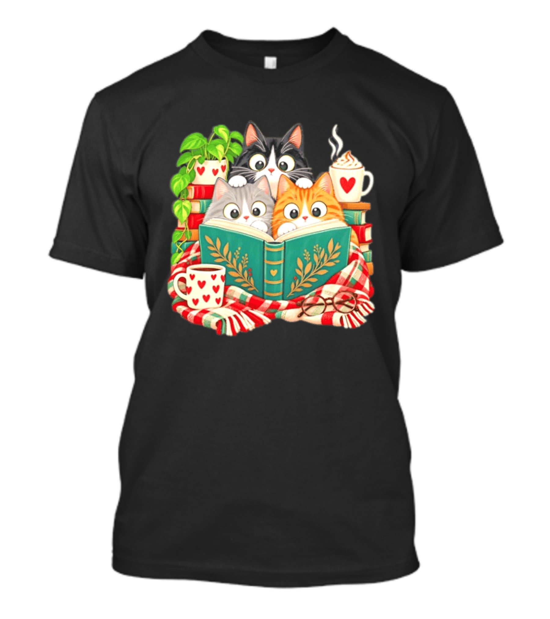 Cats Cozy Reading Books Coffee And Heart S T-Shirt