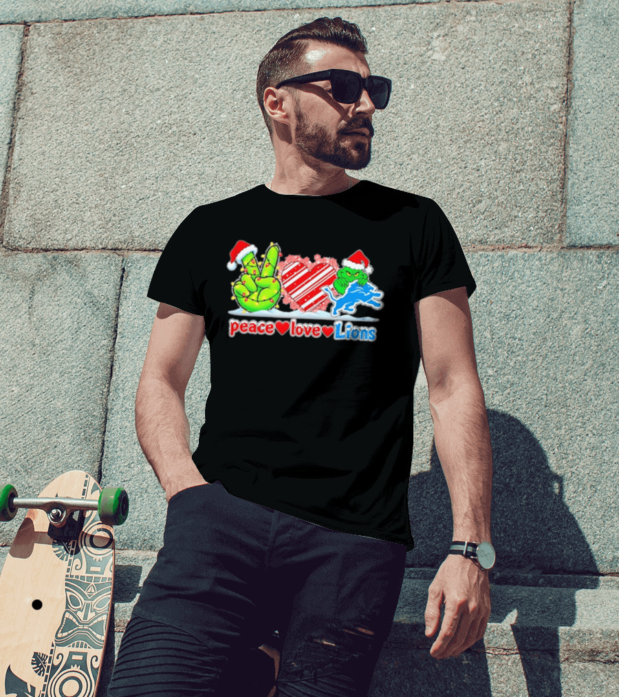 Peace Love Lions Christmas Grinch Detroit Lions T-Shirt