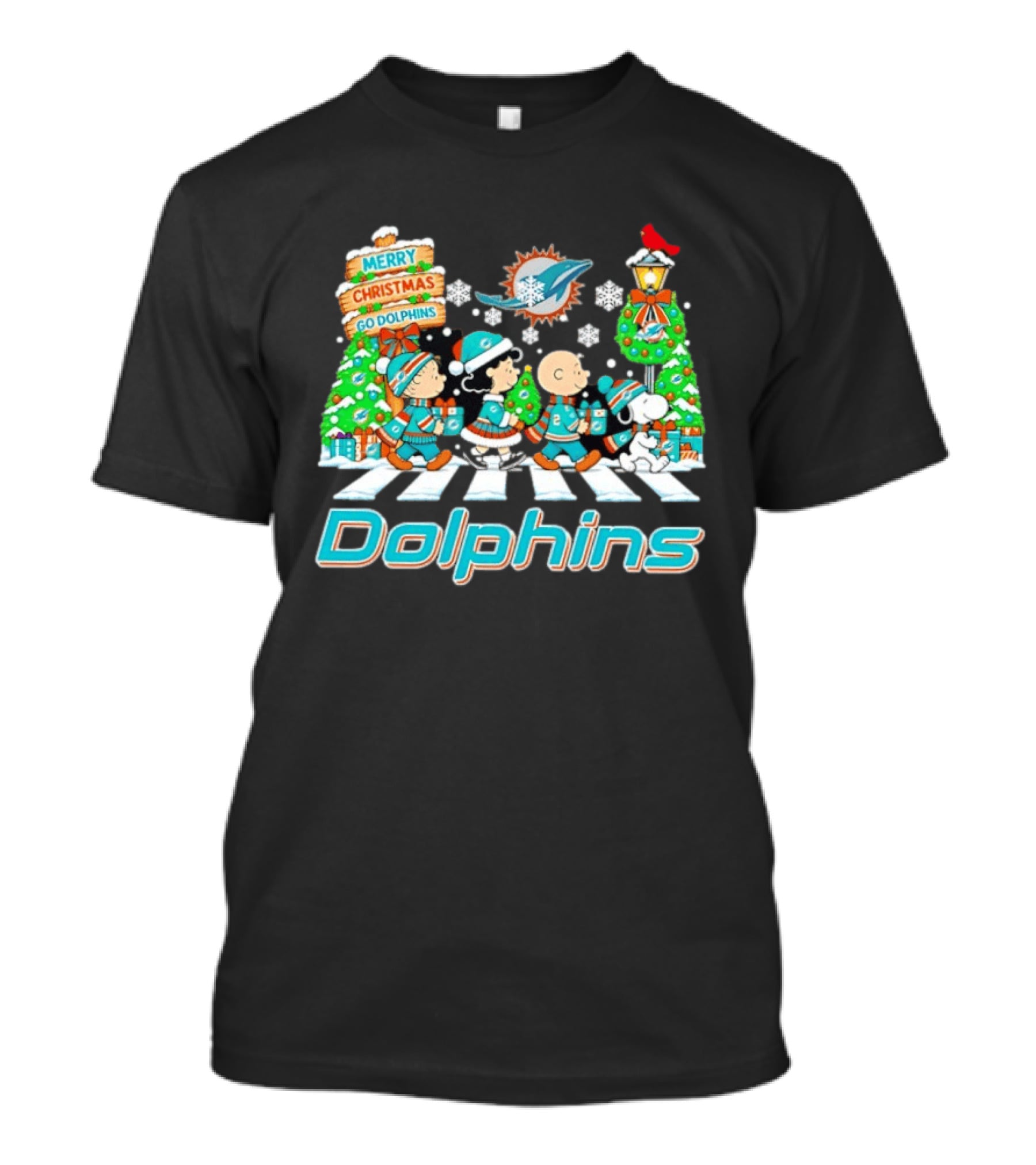 Miami Dolphins Peanuts Characters Abbey Road Christmas Scene T-Shirt
