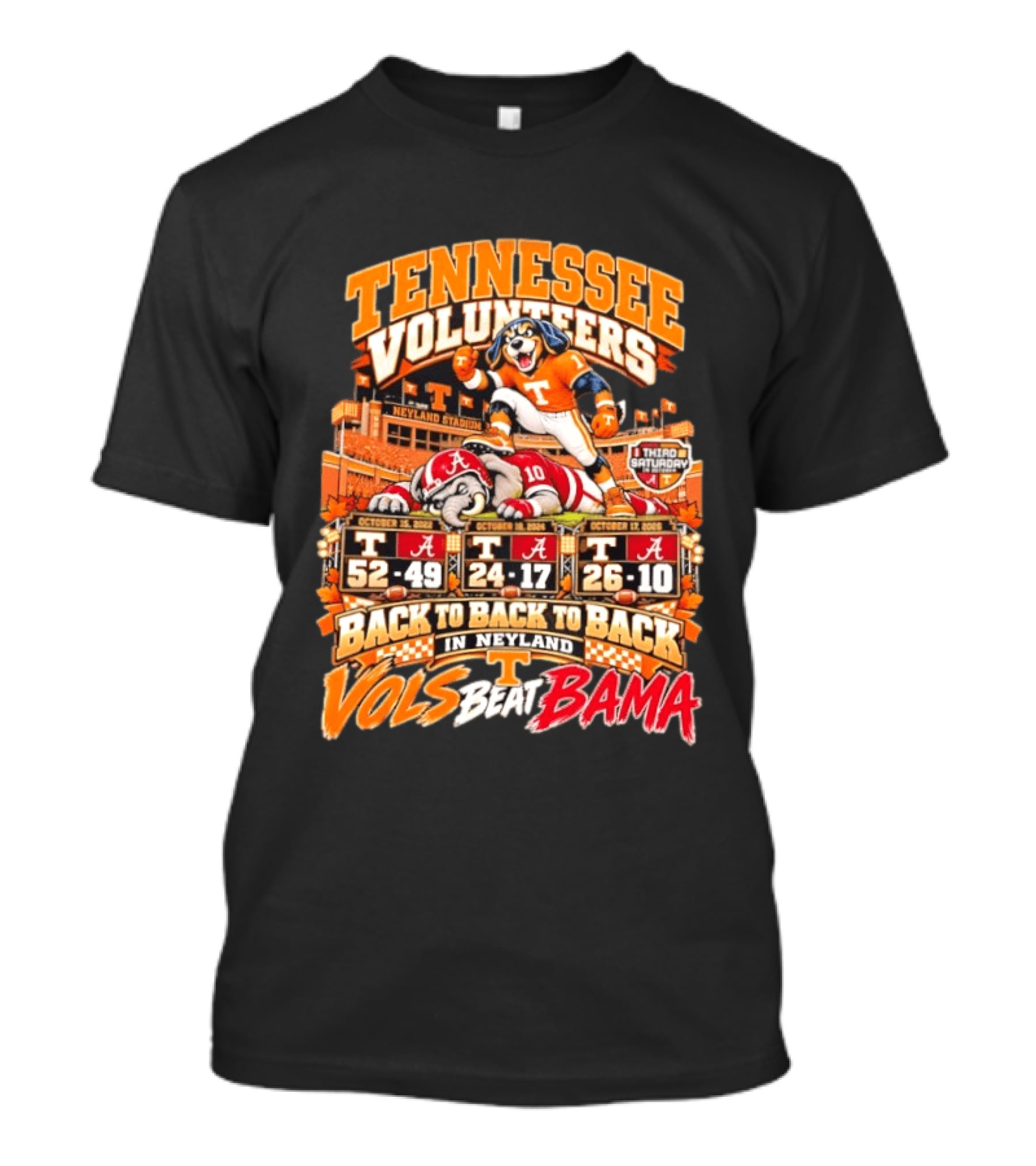 Tennessee Volunteers Back To Back To Back Wins Over Alabama Crimson Tide In Neyland Stadium Third Saturday In October Vols Beat Bama T-Shirt