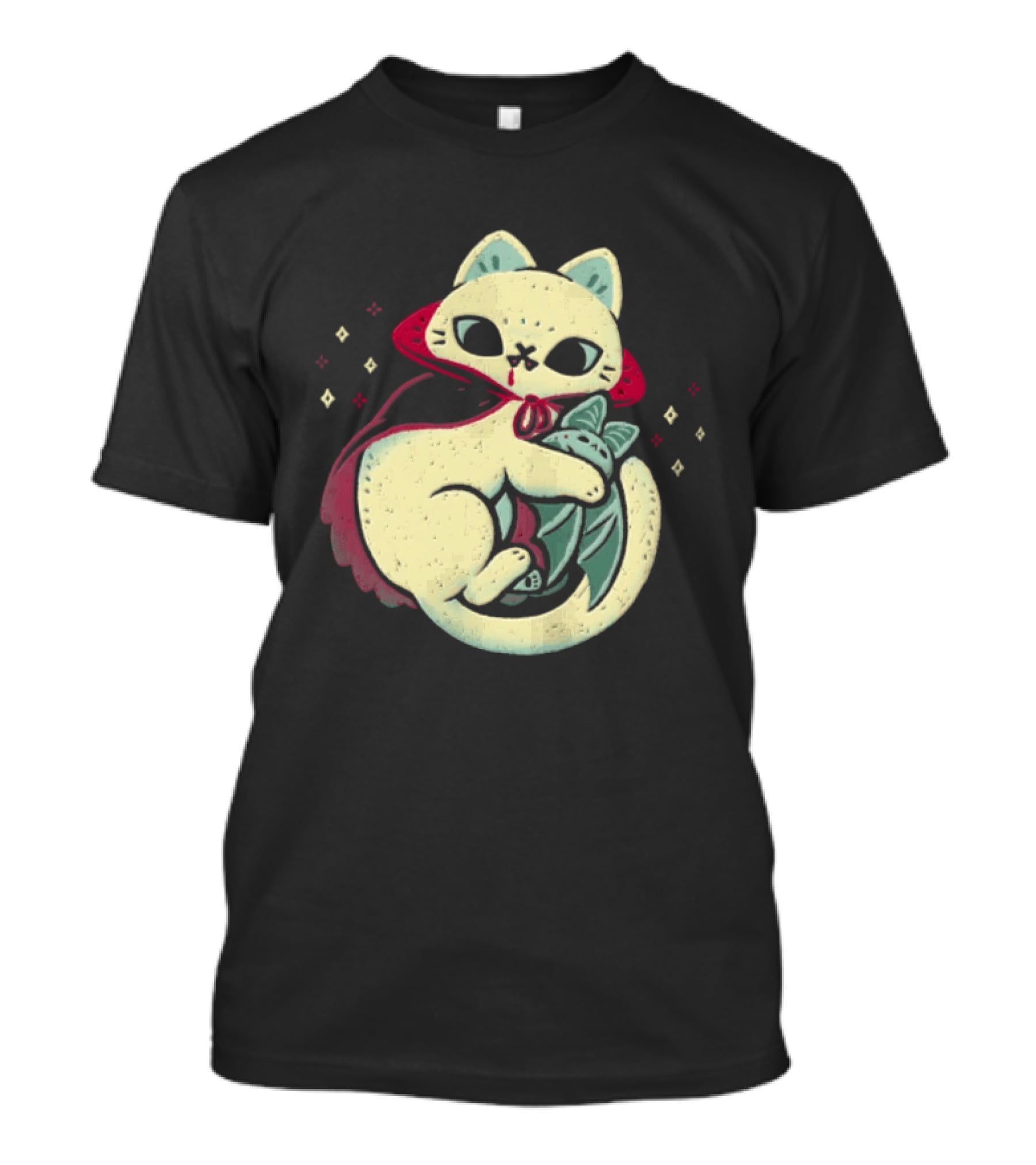 Vampire Cat Cuddles Bat With Cloak And Fangs T-Shirt