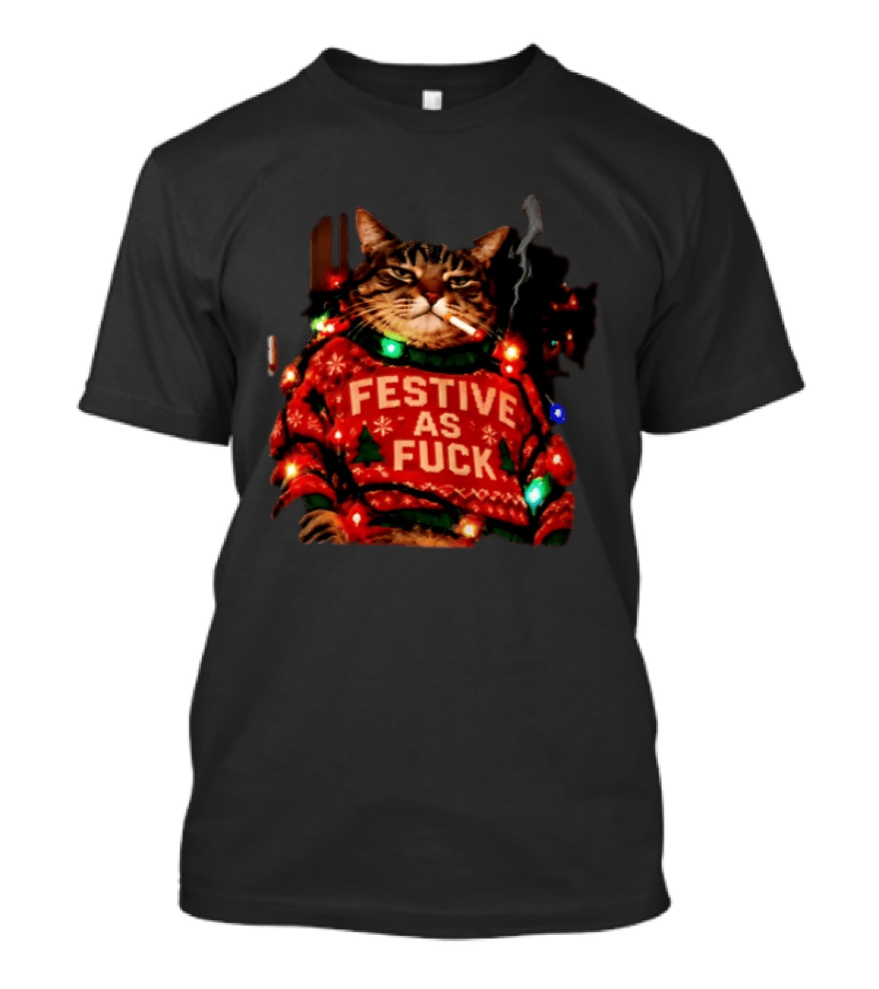 Festive As Fuck Smoking Cat Christmas Sweater Light Up Holiday Joke T-Shirt
