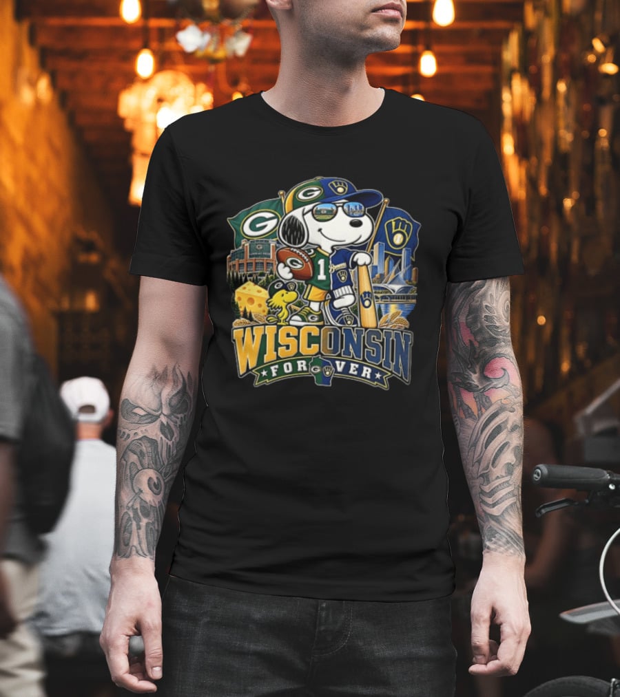 Wisconsin Forever Snoopy Green Bay Packers Milwaukee Brewers Sports Fan Collection T-Shirt