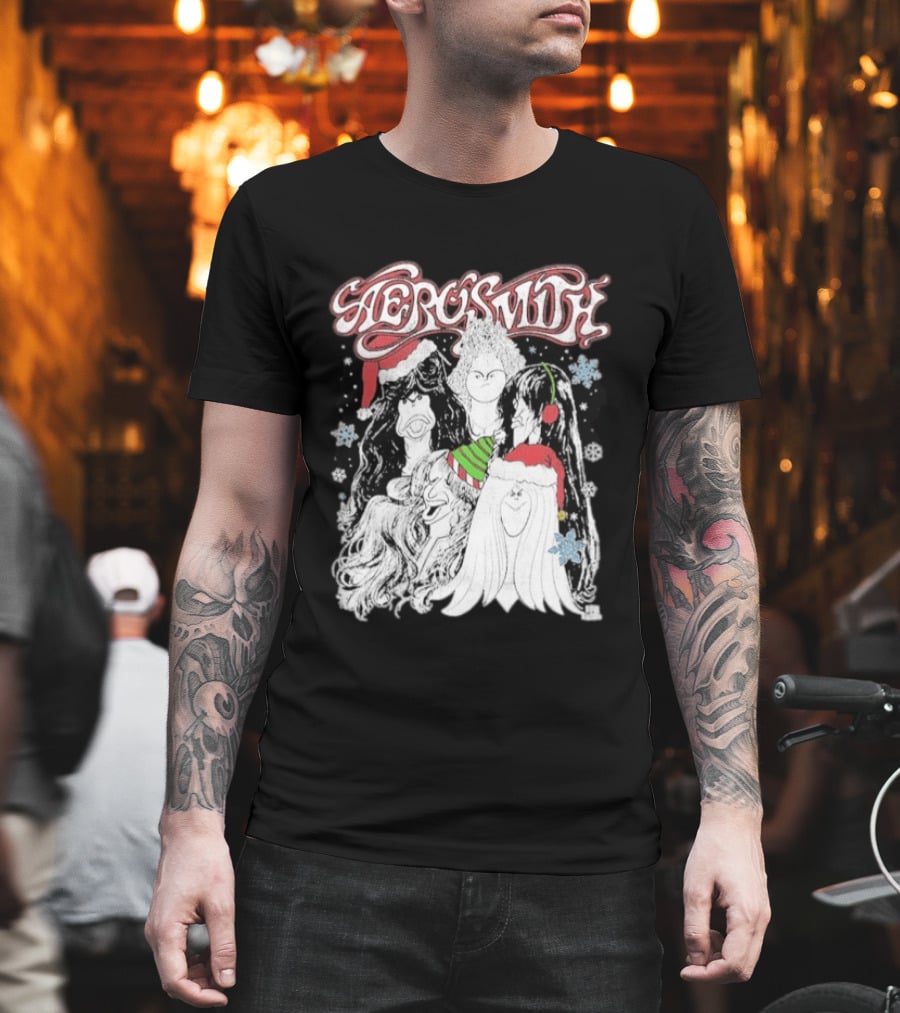 Aerosmith Draw The Line Christmas Santa Hats Snowflakes T-Shirt