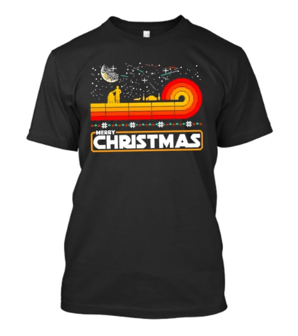 Star Wars R2 D2 Luke Skywalker Merry Christmas Retro Sunset T-Shirt