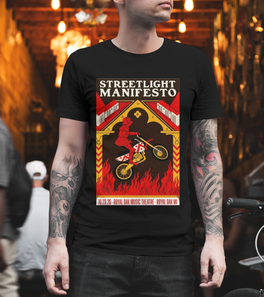 Streetlight Manifesto Royal Oak Music Theatre October 23 2026 Concert Knight On Motorcycle Fire Arch T-Shirt