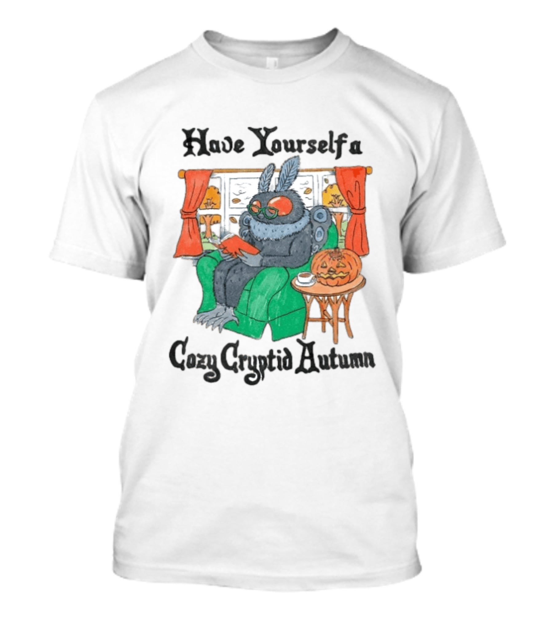 Have Yourself A Cozy Cryptid Autumn Mothman Reading By Pumpkin Window Scene T-Shirt