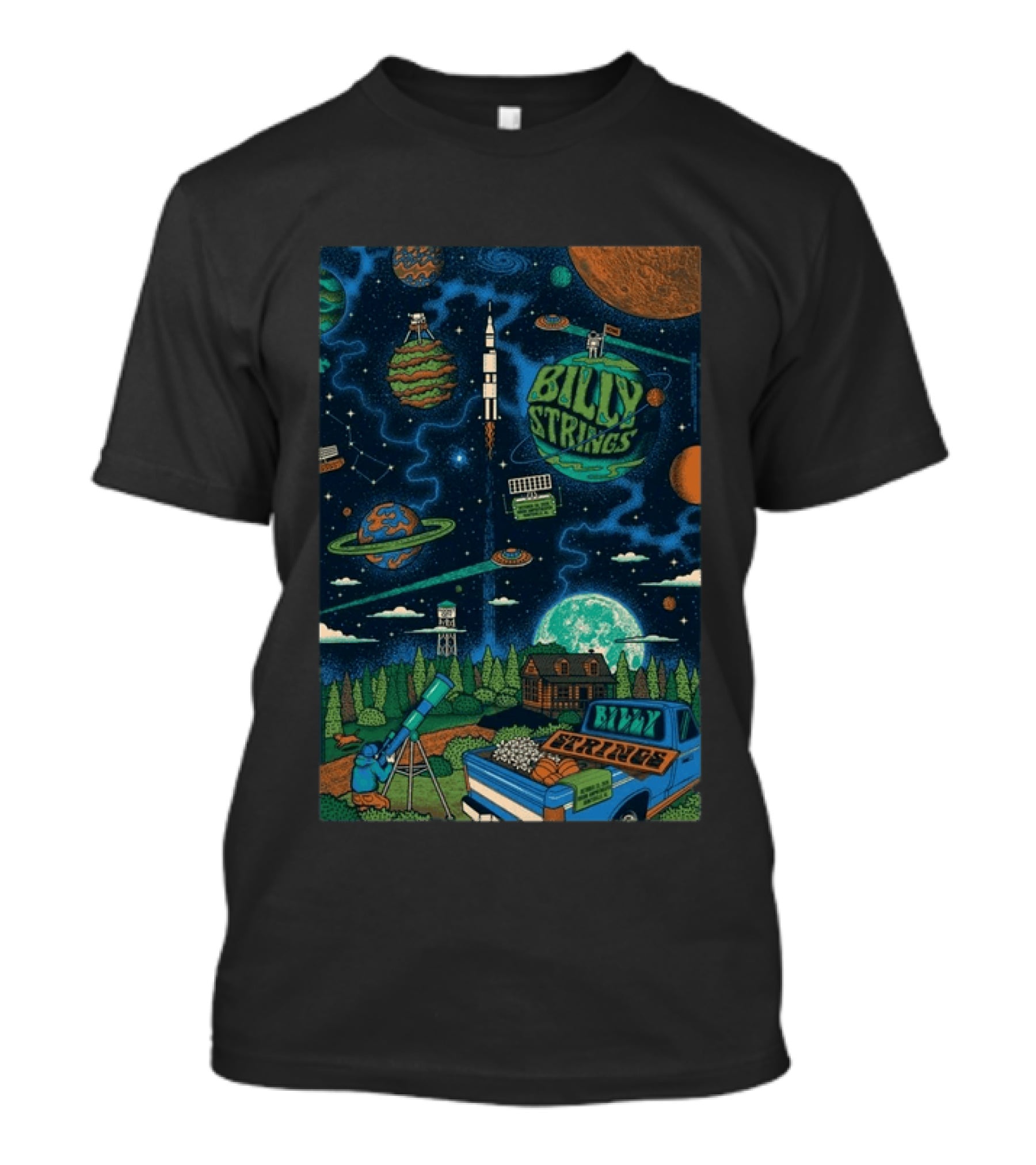 Billy Strings October 23 24 2026 Orion Amphitheater Huntsville Alabama Space Rocket Planets Telescope T-Shirt