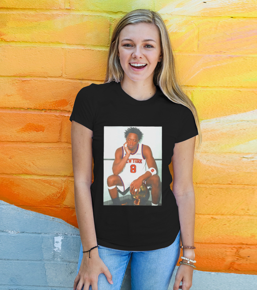 New York Knicks OG Anunoby Wearing Number 8 Jersey Holding Trophy T-Shirt
