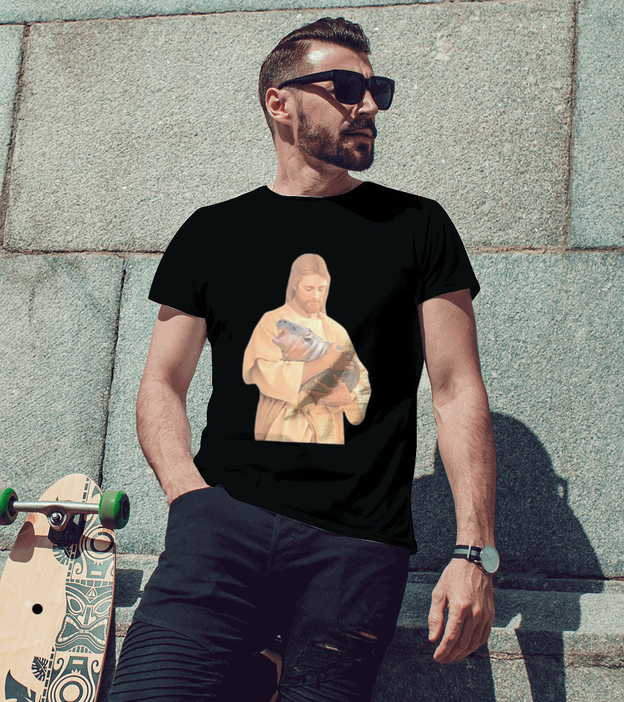 Jesus Moo Deng Hippopotamus Embrace T-Shirt