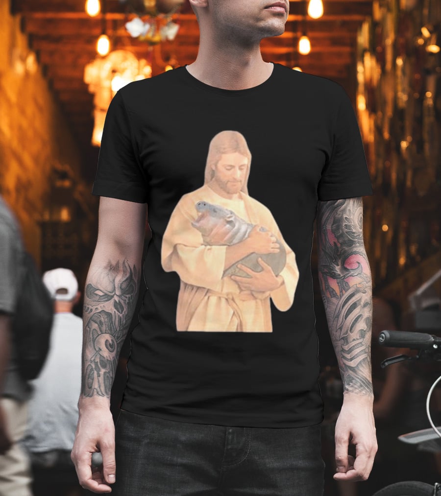 Jesus Moo Deng Hippopotamus Embrace T-Shirt
