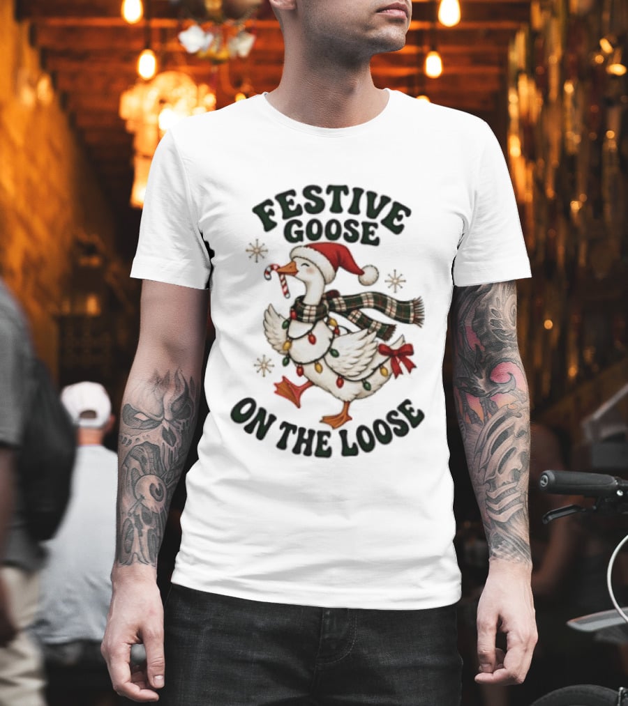 Festive Goose On The Loose Christmas Holiday Lights Scarf Snowflakes T-Shirt