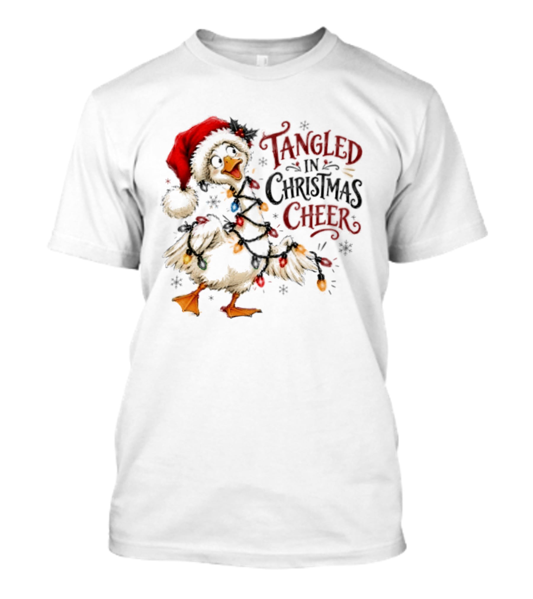 Tangled In Christmas Cheer Goose With Holiday Lights And Santa Hat T-Shirt